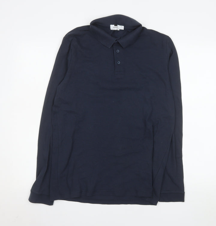 Topman Mens Blue Long Sleeve Cotton Polo Shirt Size M