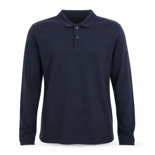 Front view of Topman men’s blue long sleeve cotton polo shirt, size M