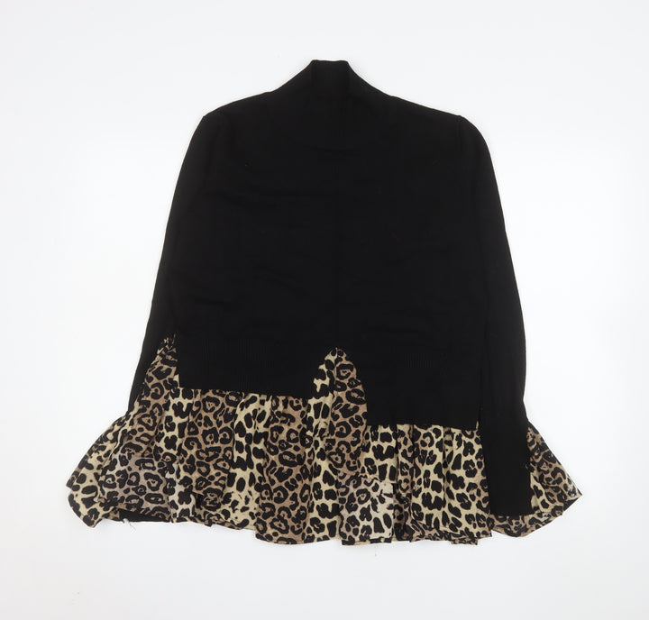 QED London Women’s Black Leopard Tunic Roll Neck Long Sleeve Blouse M