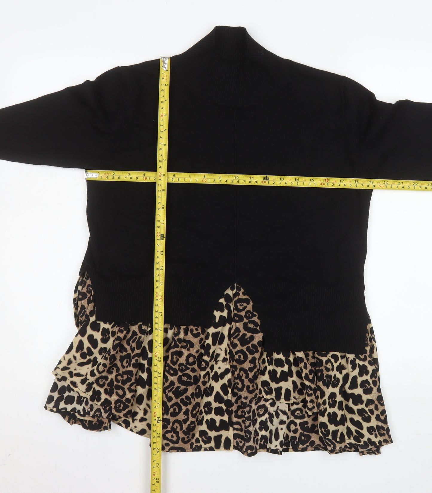 QED London Women’s Black Leopard Tunic Roll Neck Long Sleeve Blouse M