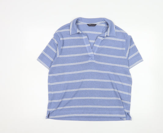 Marks and Spencer Women Blue Striped Knit Polo Top Size 14