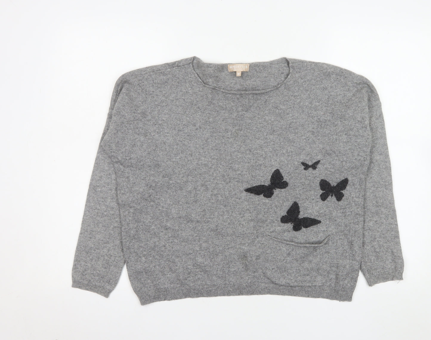 Benedetta B. Women Grey Medium Merino Wool Pullover Jumper with Butterfly Design