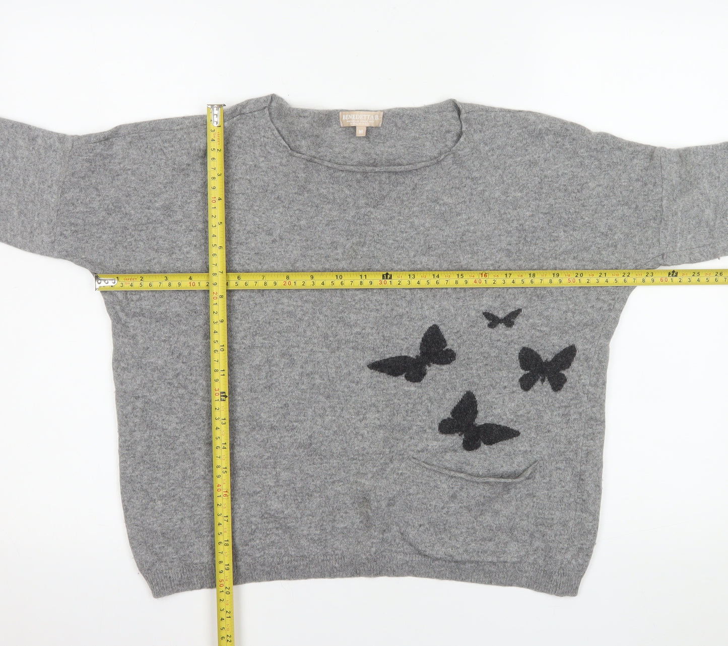 Benedetta B. Women Grey Medium Merino Wool Pullover Jumper with Butterfly Design