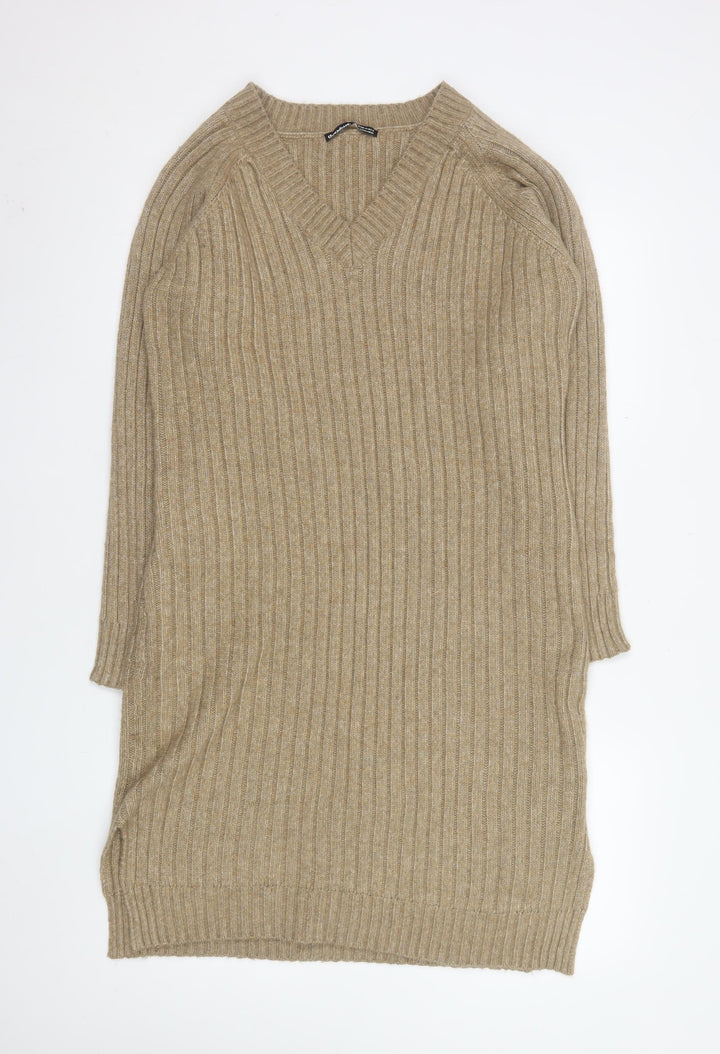 Threadbare Women Beige Petite 12 V-Neck Ribbed Jumper Dress