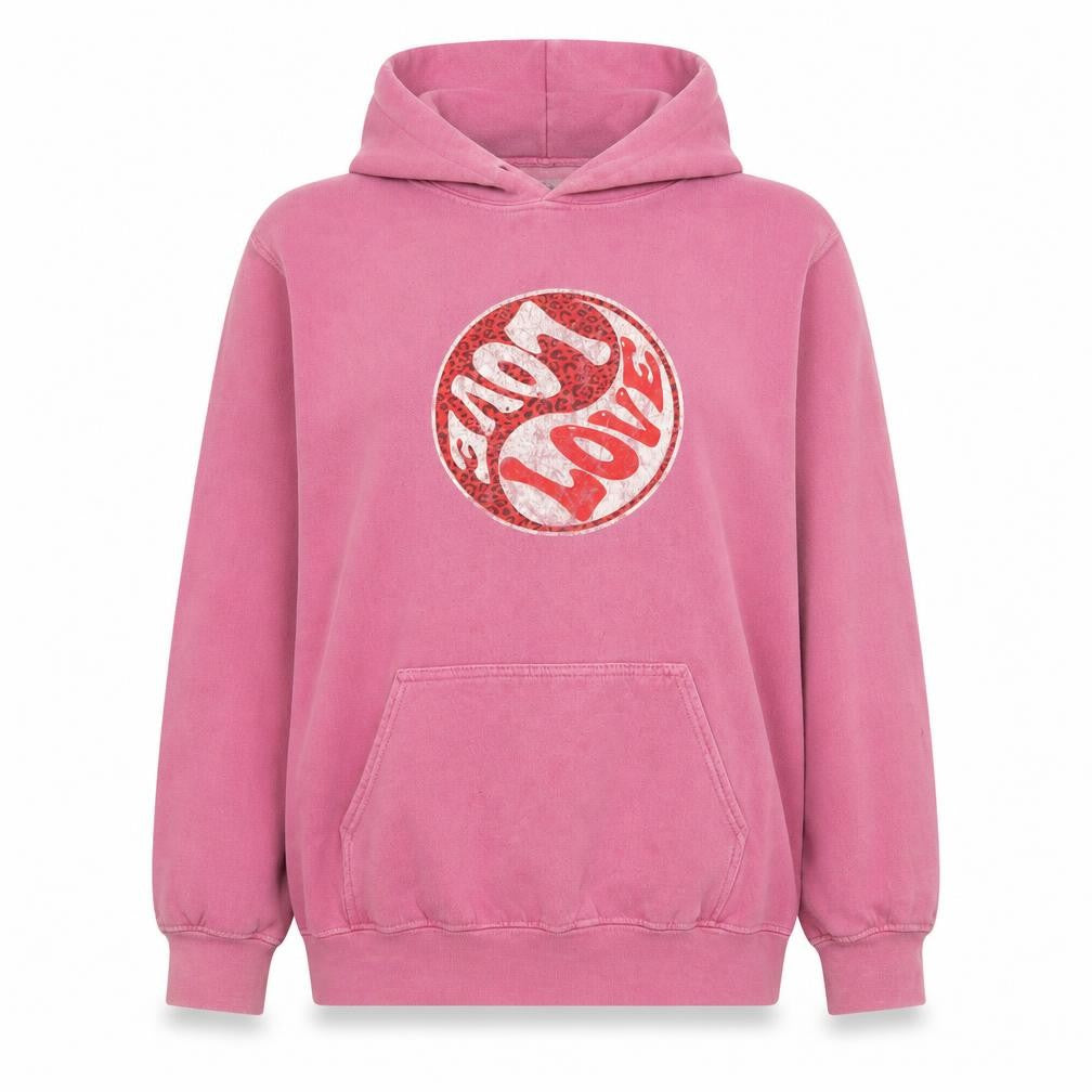 Front view of Brandy Melville women’s pink pullover hoodie love graphic, size S/m