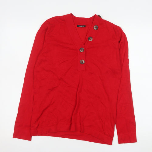 Roman Women Red V-Neck Button Long Sleeve Knit Blouse Size 12