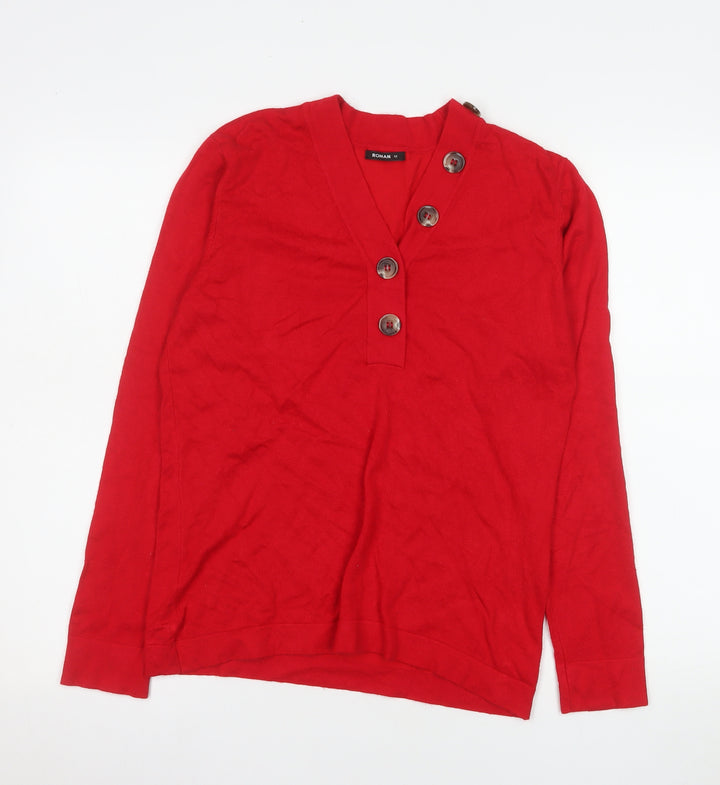 Roman Women Red V-Neck Button Long Sleeve Knit Blouse Size 12