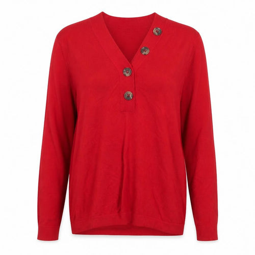 Roman Women Red V-Neck Button Long Sleeve Knit Blouse Size 12