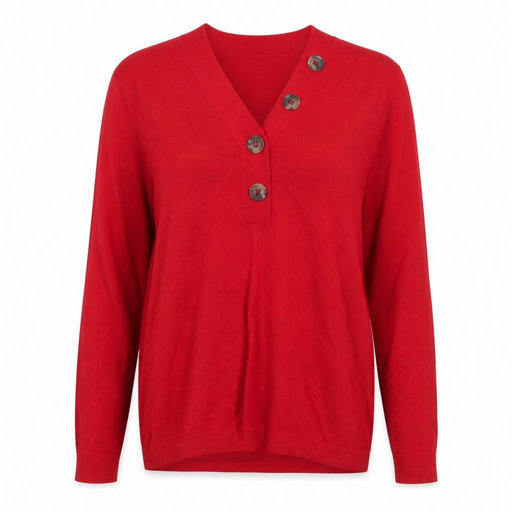 Roman Women Red V-Neck Button Long Sleeve Knit Blouse Size 12