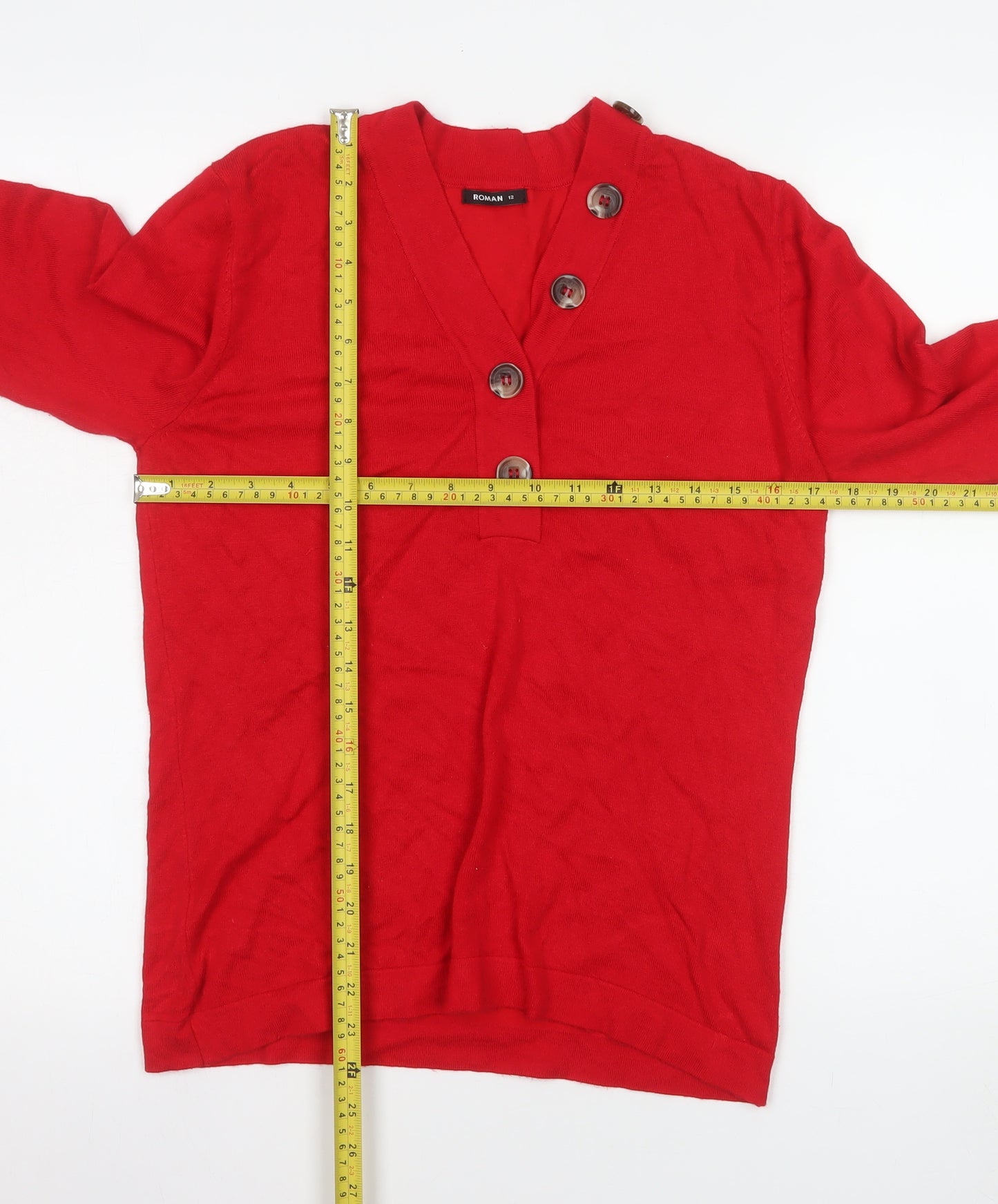 Roman Women Red V-Neck Button Long Sleeve Knit Blouse Size 12
