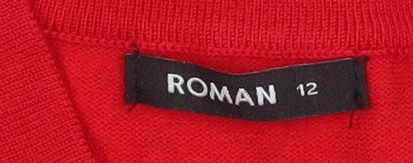 Roman Women Red V-Neck Button Long Sleeve Knit Blouse Size 12