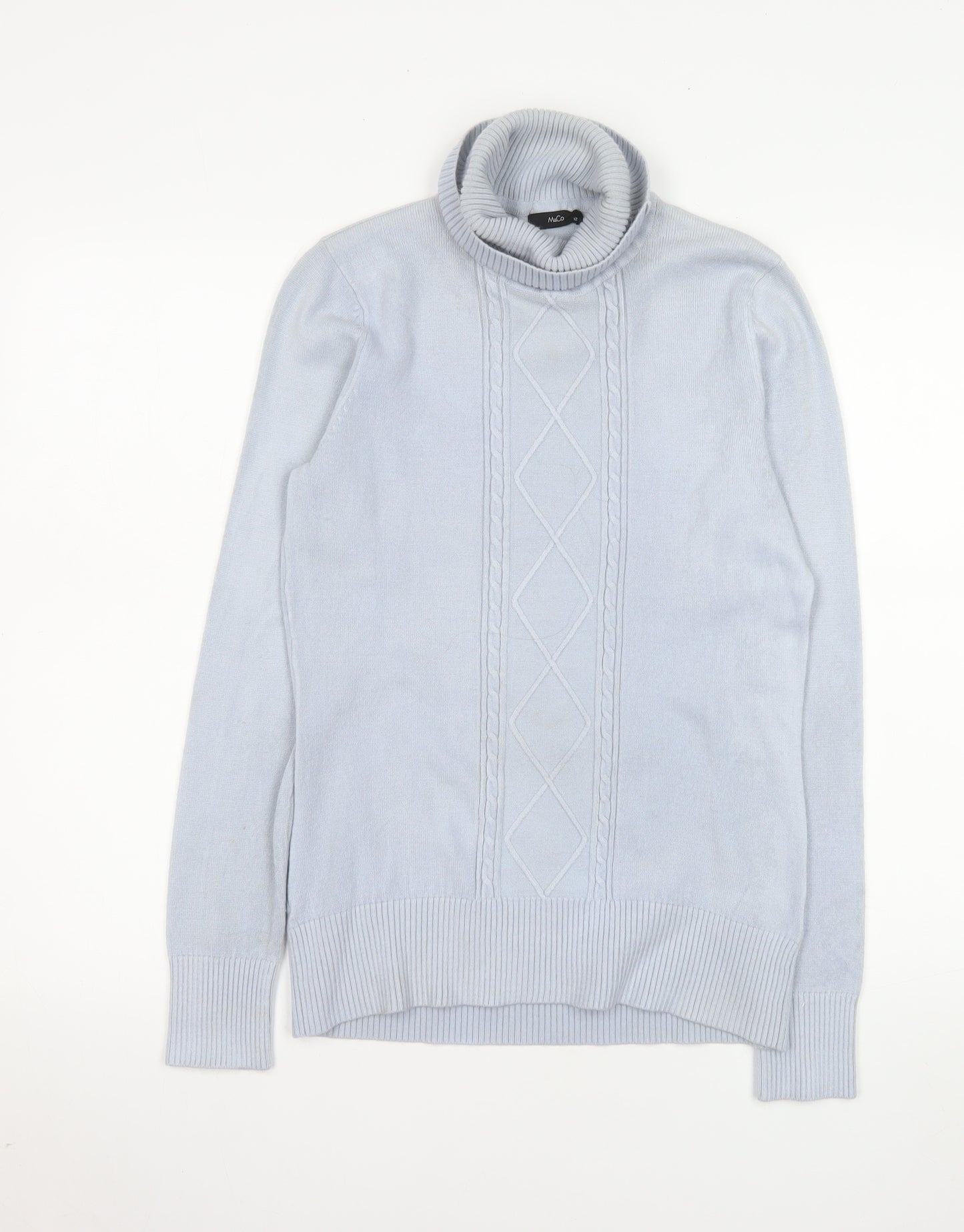 M&Co Women’s Pale Blue Roll Neck Cable Knit Jumper Size 12