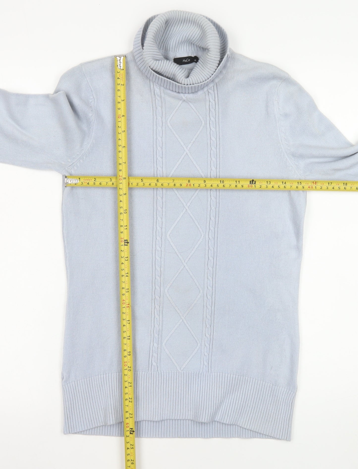 M&Co Women’s Pale Blue Roll Neck Cable Knit Jumper Size 12