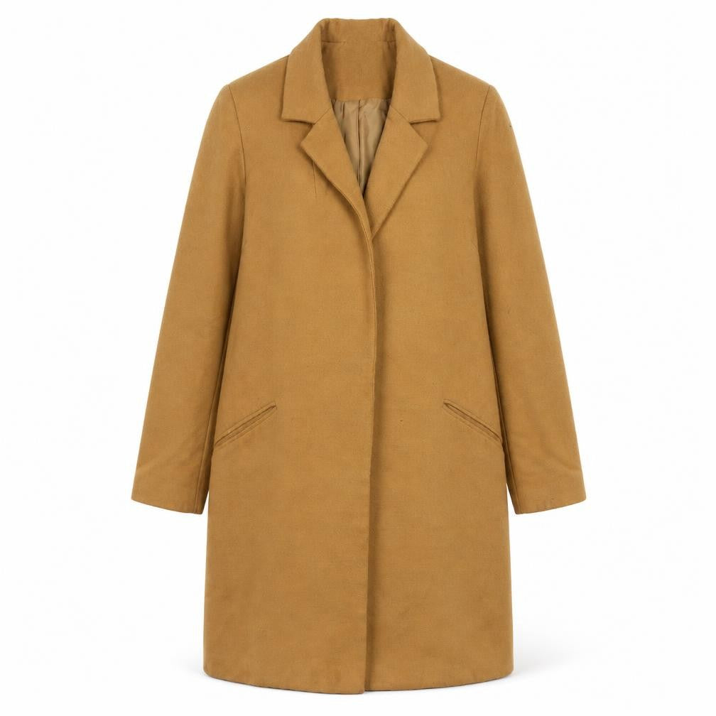 Front view of New Look Women's Beige Long Overcoat, size 12, Regular Twill
