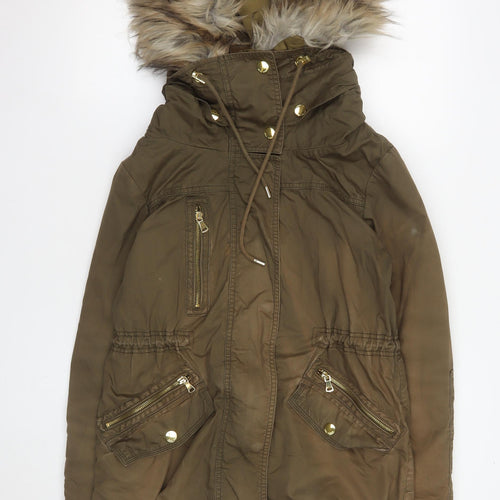 Zara Woman Brown Faux Fur Trim Parka Coat XS Long Hooded Winter Jacket