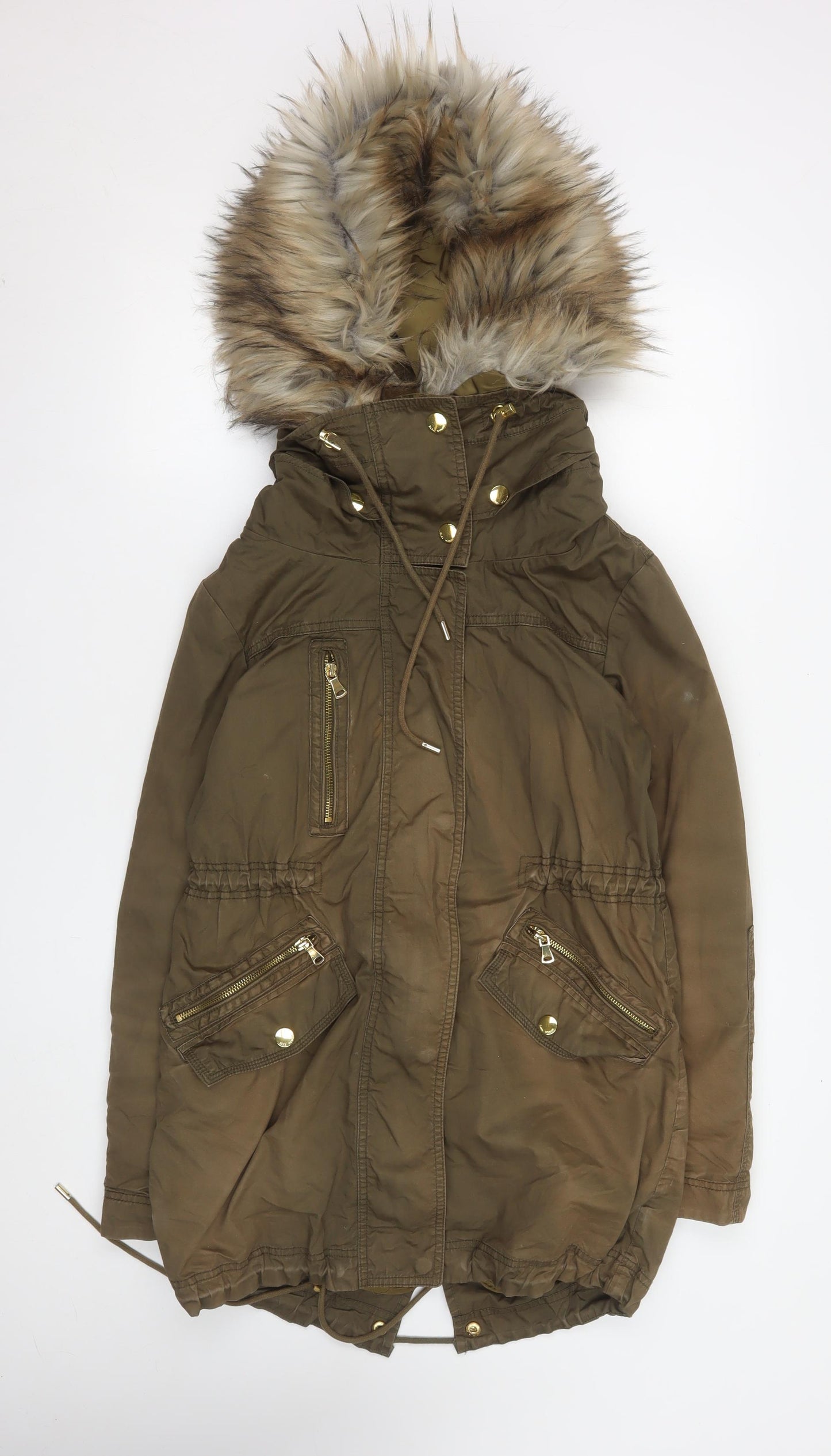 Zara Woman Brown Faux Fur Trim Parka Coat XS Long Hooded Winter Jacket