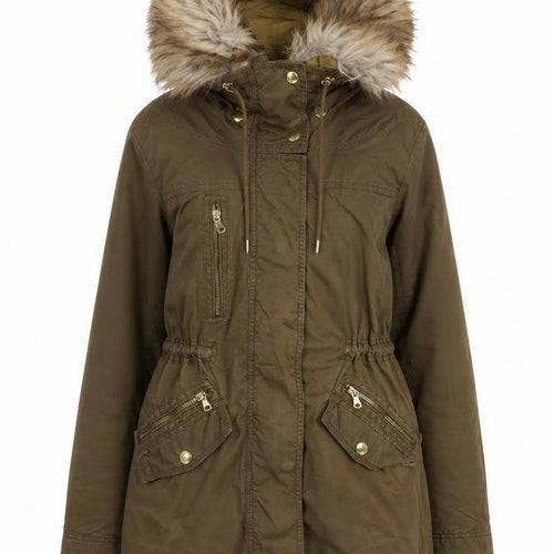 Zara Woman Brown Faux Fur Trim Parka Coat XS Long Hooded Winter Jacket