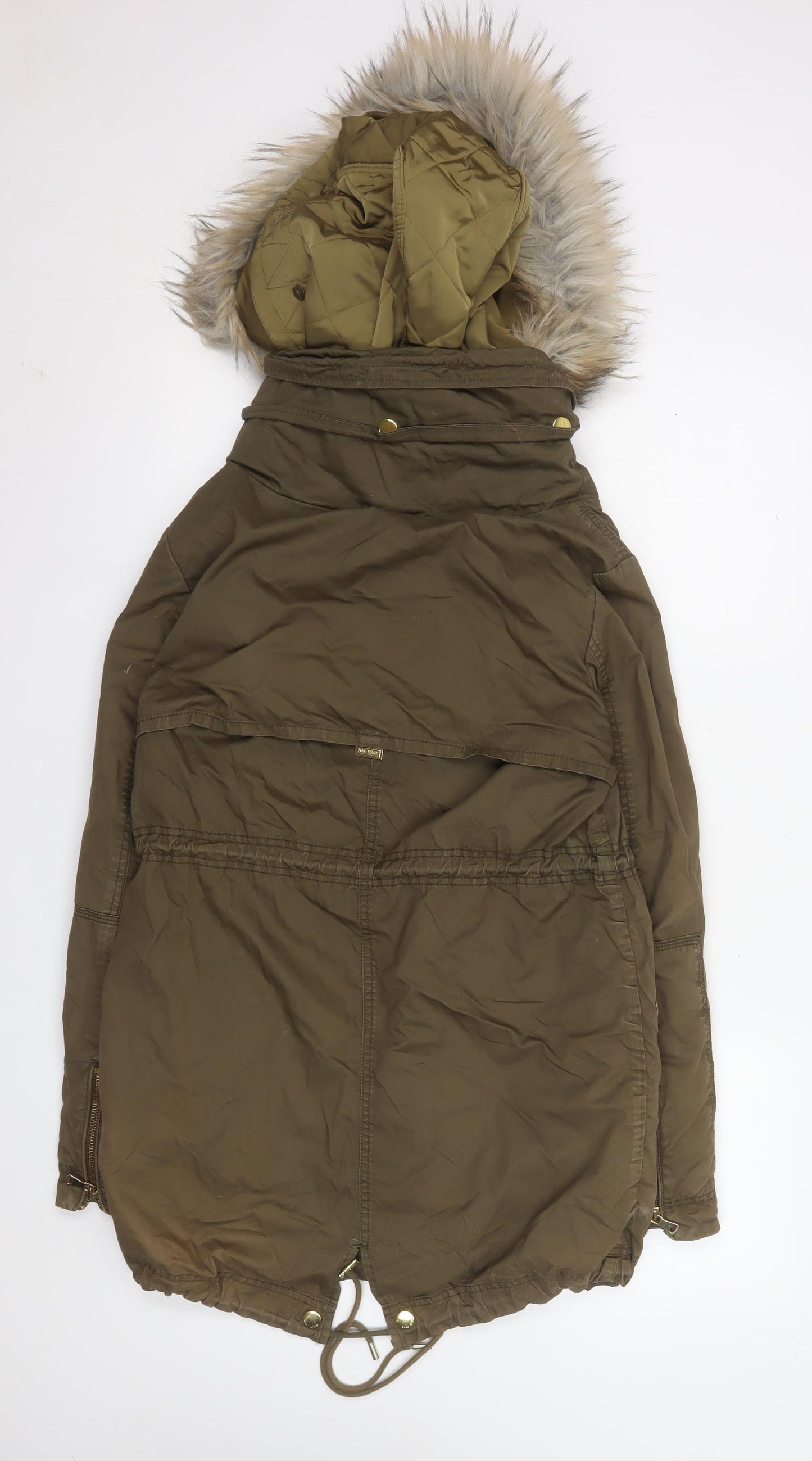 Zara Woman Brown Faux Fur Trim Parka Coat XS Long Hooded Winter Jacket