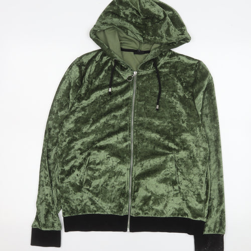 River Island Womens Green Velvet Hooded Bomber Jacket Size M