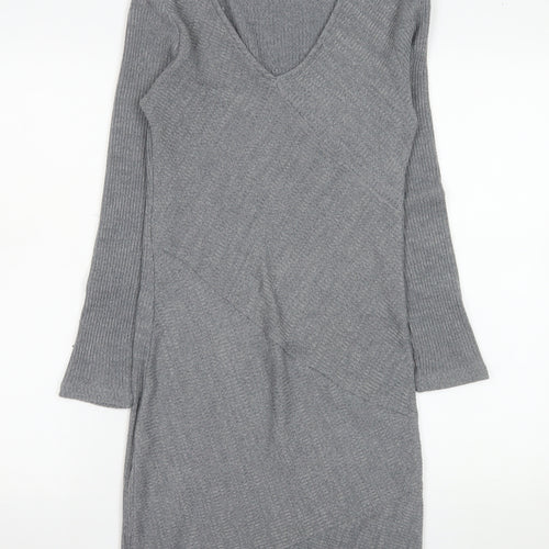 Mango Women Grey V-Neck Knit Bodycon Dress Size 12