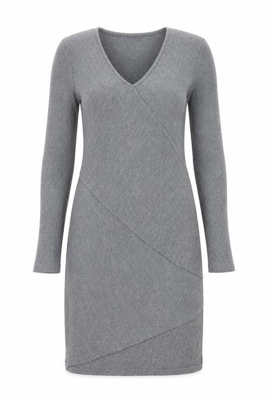 Front view of Mango Women Grey V-Neck Knit Bodycon Dress, size 12