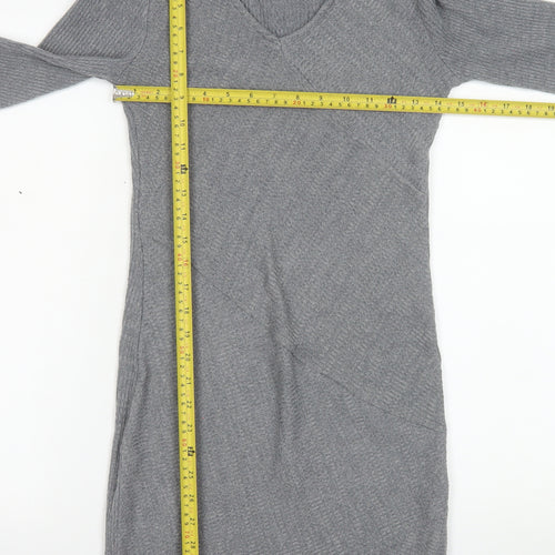 Mango Women Grey V-Neck Knit Bodycon Dress Size 12