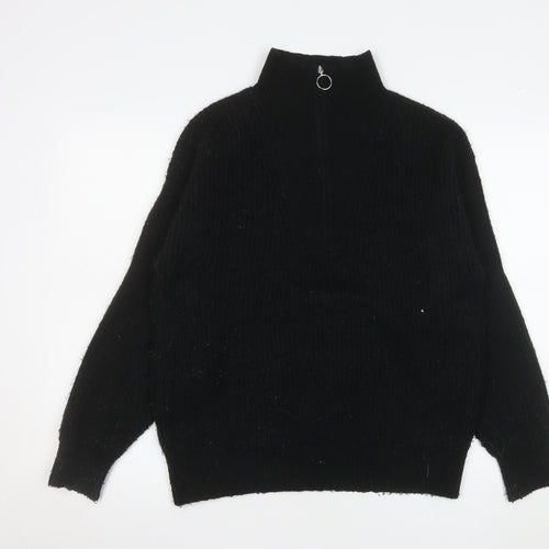 Jack Wills Women Black Half Zip Ribbed Pullover Sweater UK 8