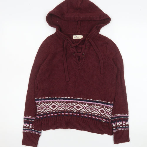 Hollister Womens Burgundy Fair Isle Hooded Pullover Sweater XS