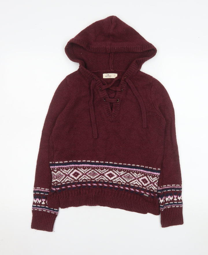 Hollister Womens Burgundy Fair Isle Hooded Pullover Sweater XS