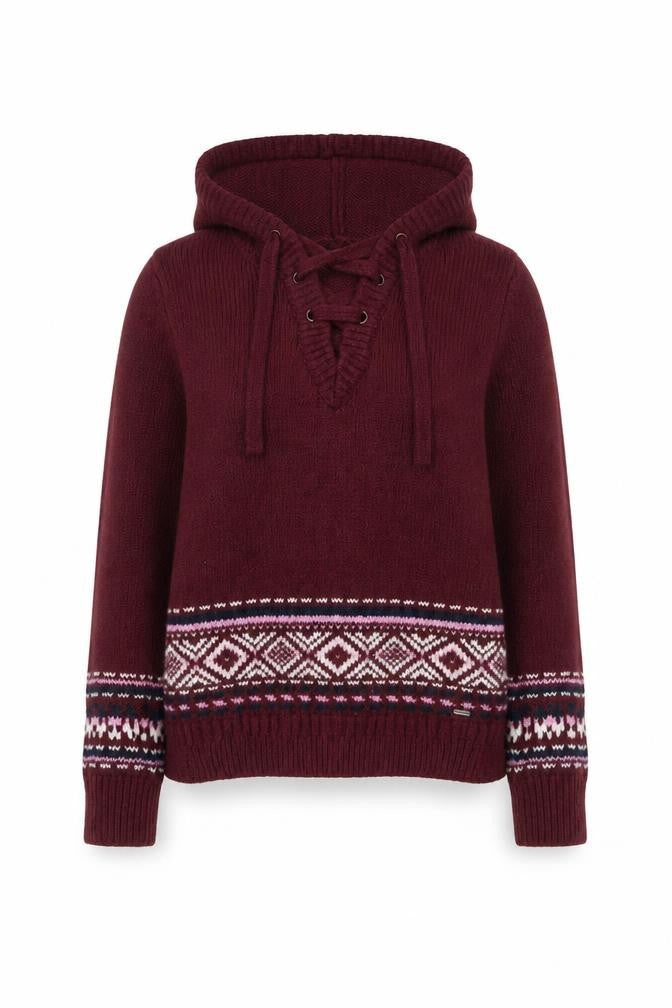 Hollister Womens Burgundy Fair Isle Hooded Pullover Sweater XS