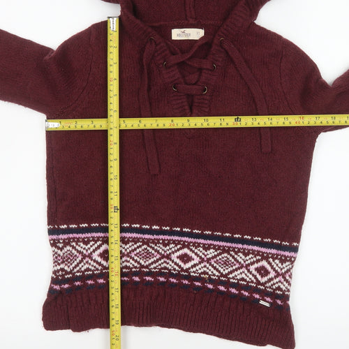 Hollister Womens Burgundy Fair Isle Hooded Pullover Sweater XS