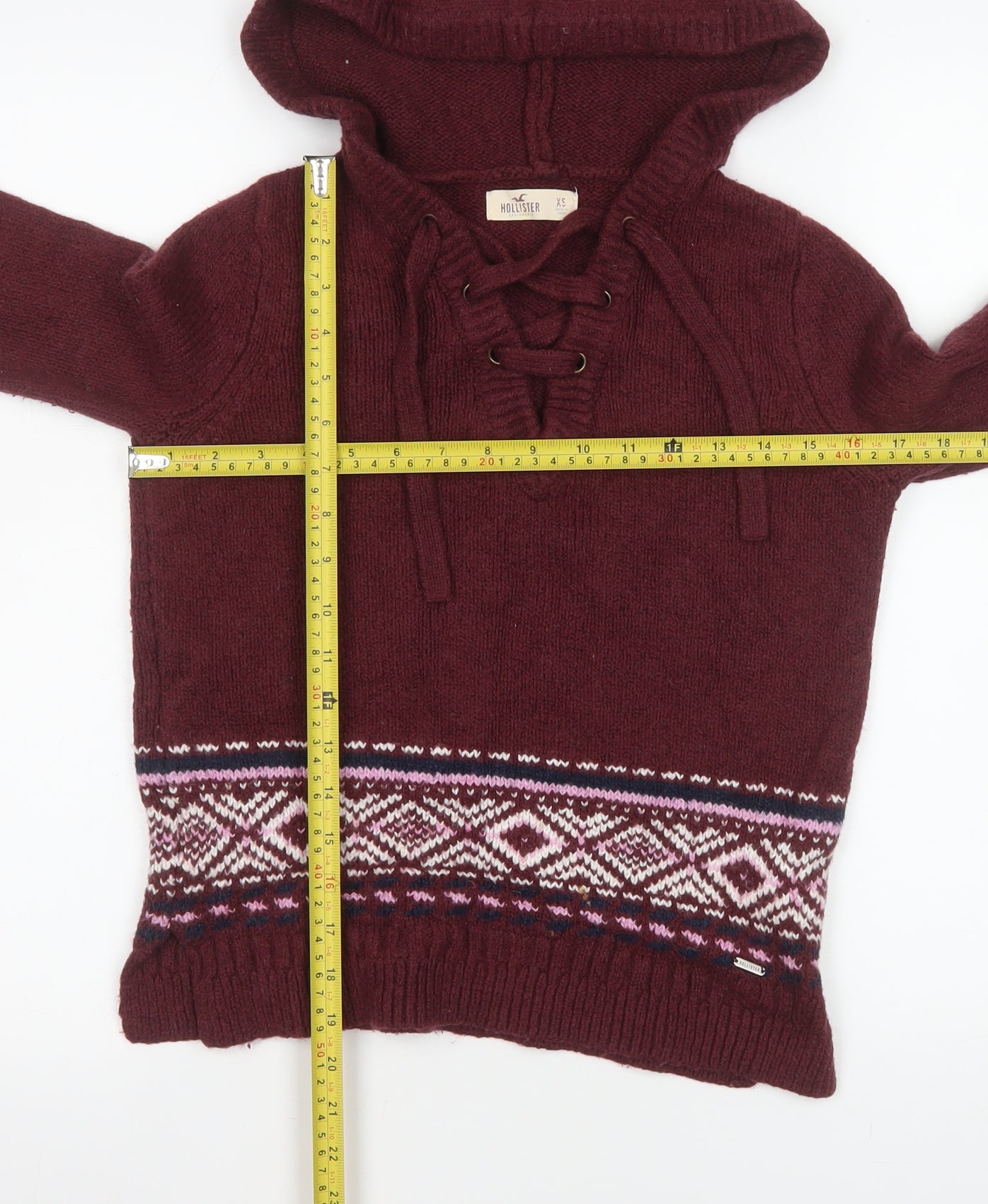 Hollister Womens Burgundy Fair Isle Hooded Pullover Sweater XS