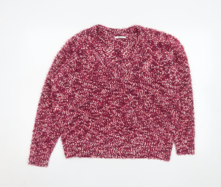 Tu Women Pink L Chunky-Knit V-Neck Pullover Jumper