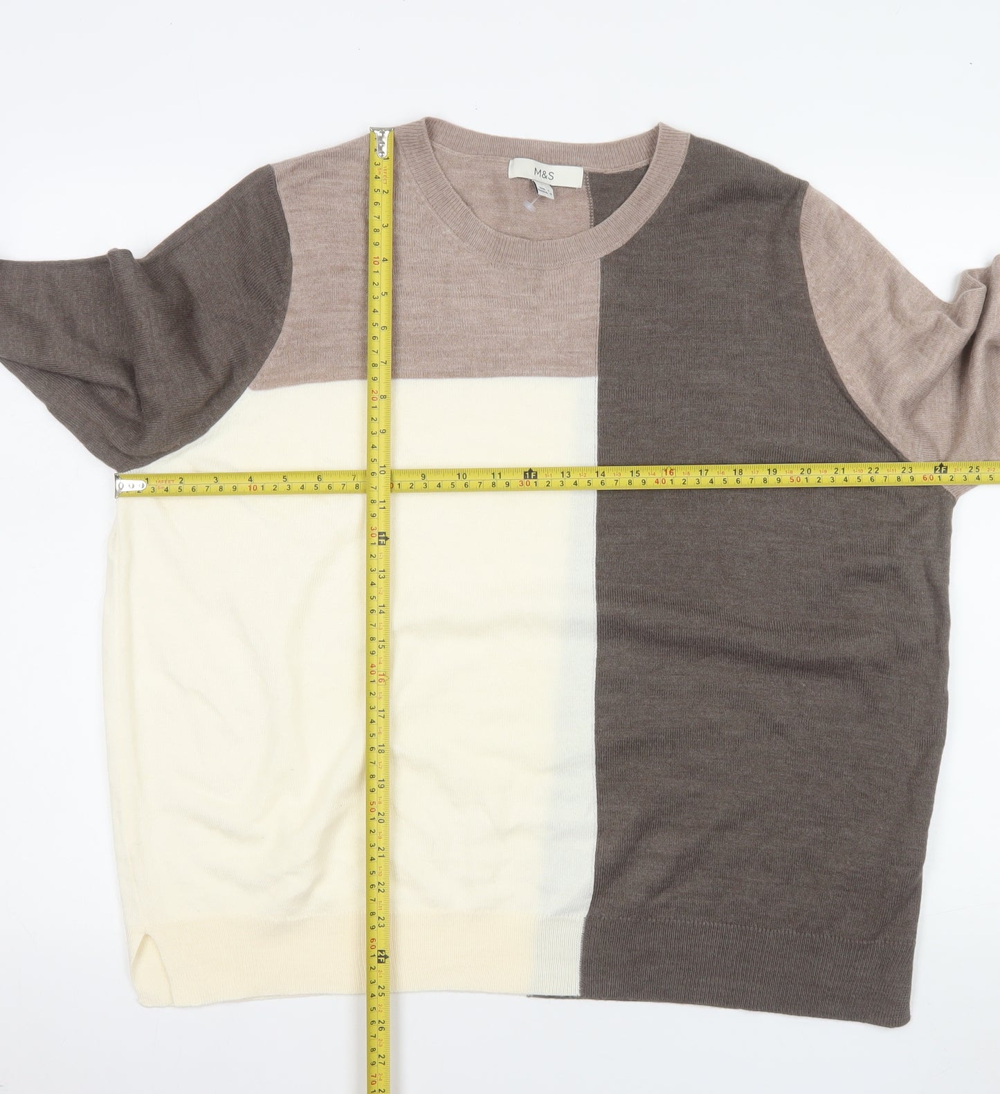 Marks and Spencer Womens Beige Colour Block Acrylic Jumper Size 16