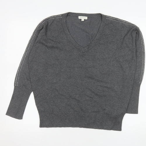 Monsoon Women's Grey Studded V-Neck Knit Jumper Size M