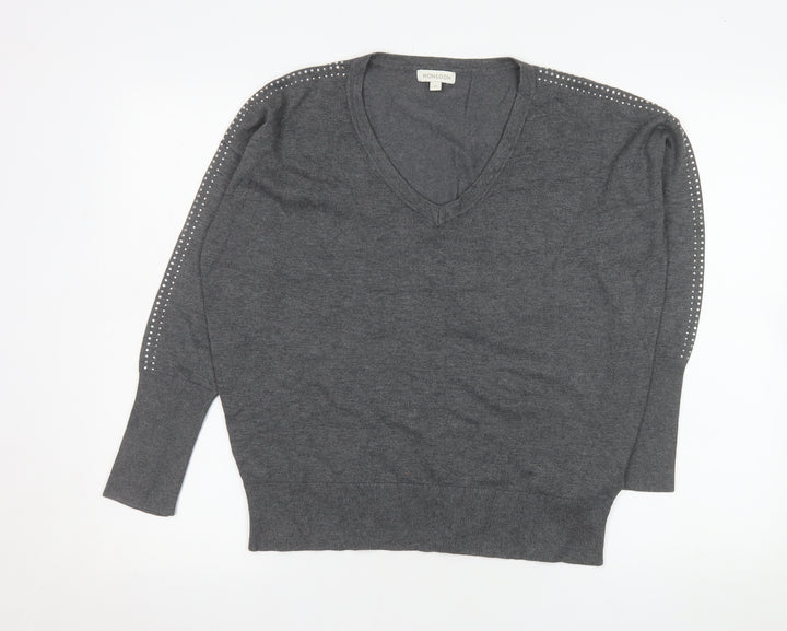 Monsoon Women's Grey Studded V-Neck Knit Jumper Size M