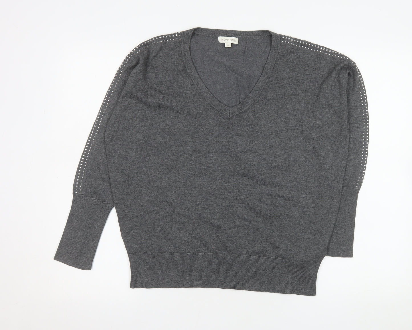 Monsoon Women's Grey Studded V-Neck Knit Jumper Size M