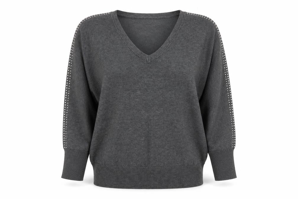 Front view of Monsoon Women's Grey Studded V-Neck Knit Jumper, size M
