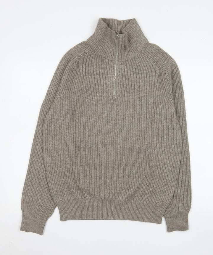 Next Mens Beige 1/2 Zip Ribbed Knit Sweatshirt Size S Classic Style
