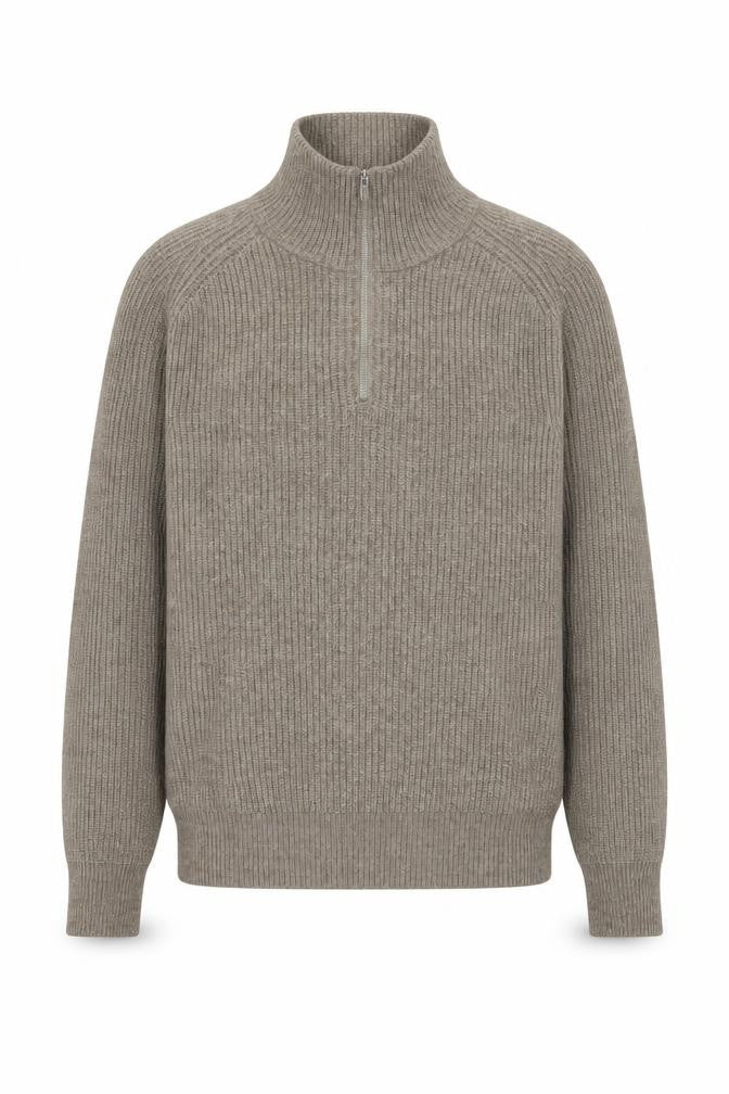 Front view of Next men’s beige 1/2 zip ribbed knit sweatshirt, size S, classic style