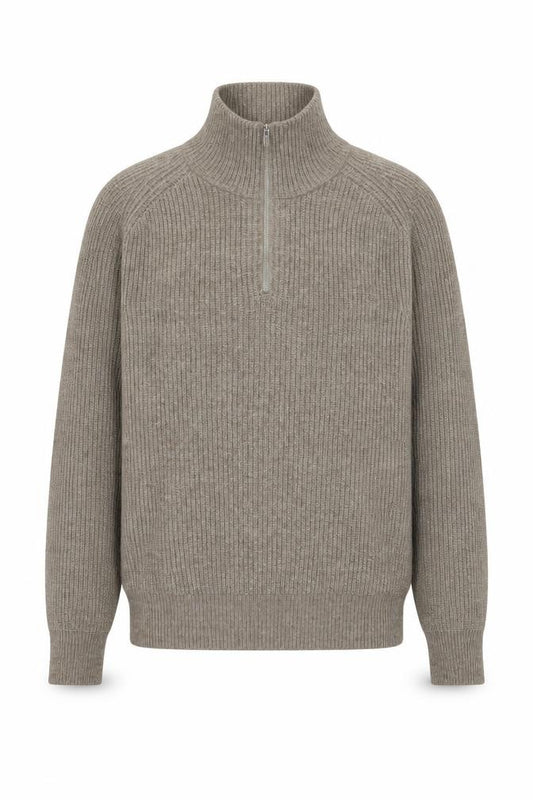 Front view of Next men’s beige 1/2 zip ribbed knit sweatshirt, size S, classic style