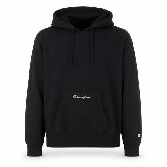 Front view of Champion Men's Black Pullover Hoodie Medium Fleece Logo Sweatshirt
