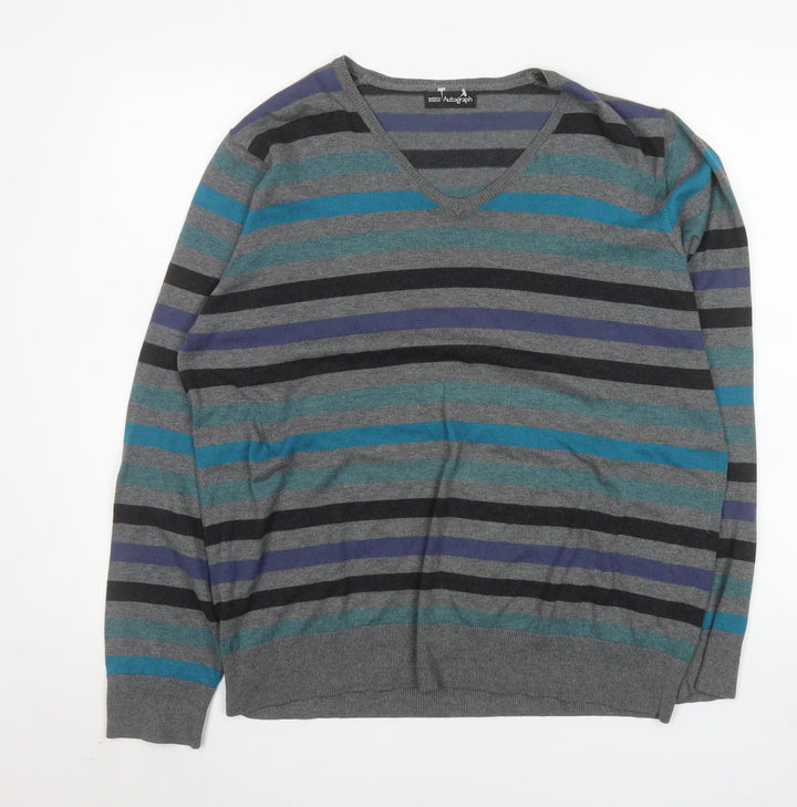Marks and Spencer Men’s Multicoloured Striped V-Neck Jumper Size L