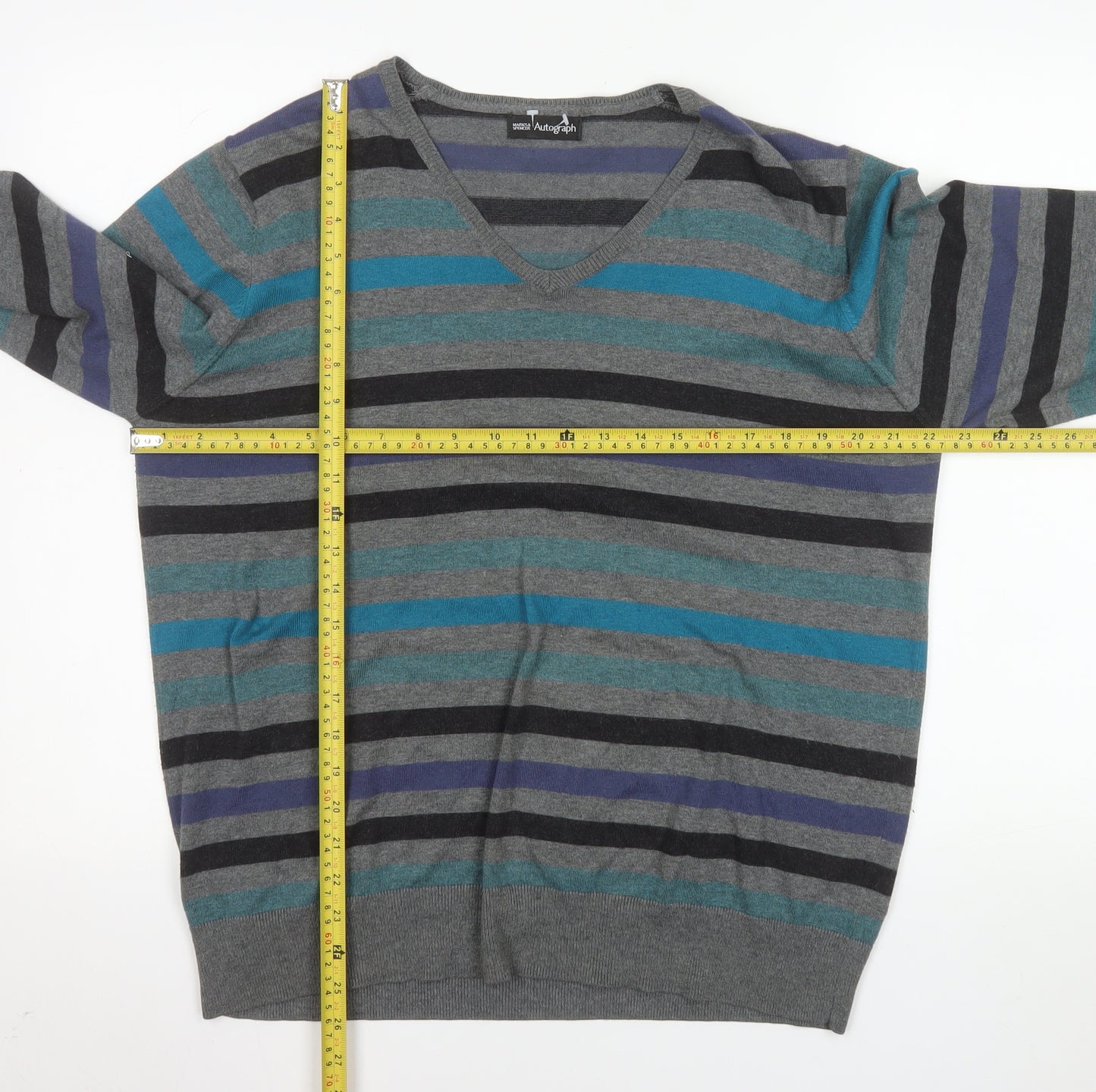 Marks and Spencer Men’s Multicoloured Striped V-Neck Jumper Size L