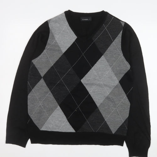 Chisel Men's Black Argyle V-Neck Acrylic Jumper Size S