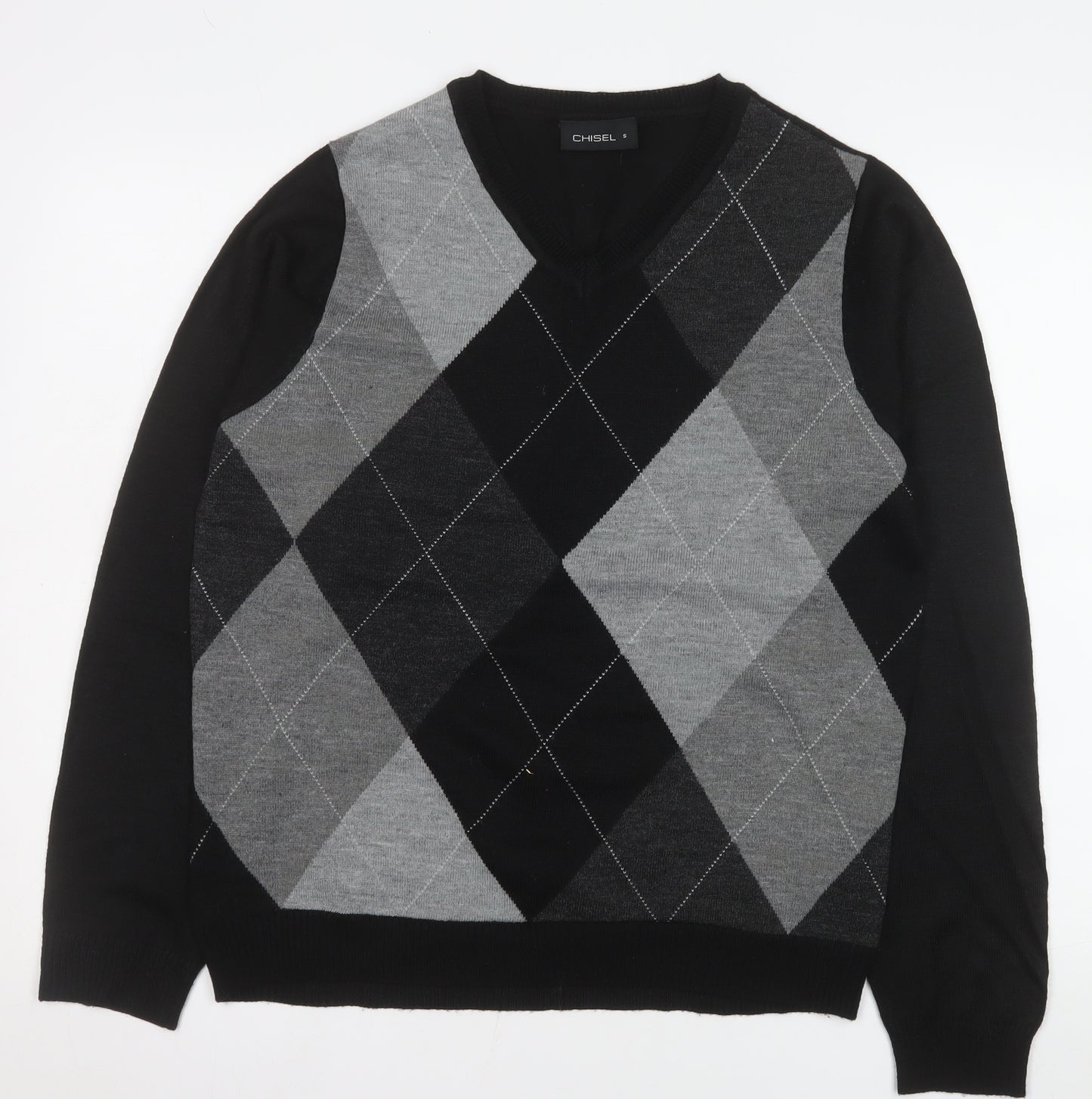 Chisel Men's Black Argyle V-Neck Acrylic Jumper Size S