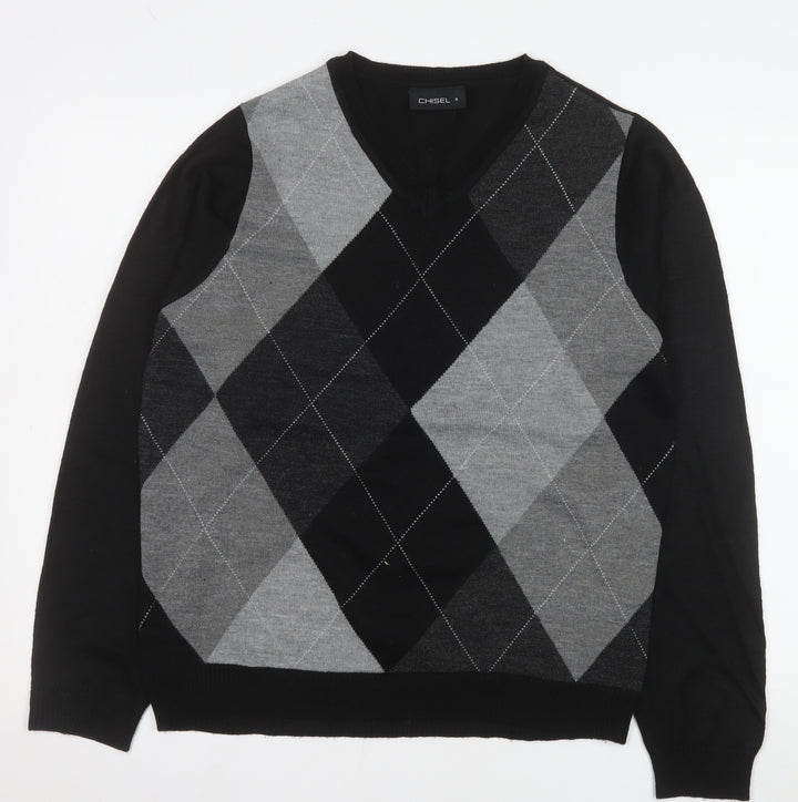 Chisel Men's Black Argyle V-Neck Acrylic Jumper Size S