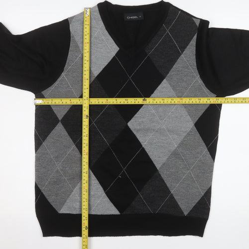Chisel Men's Black Argyle V-Neck Acrylic Jumper Size S