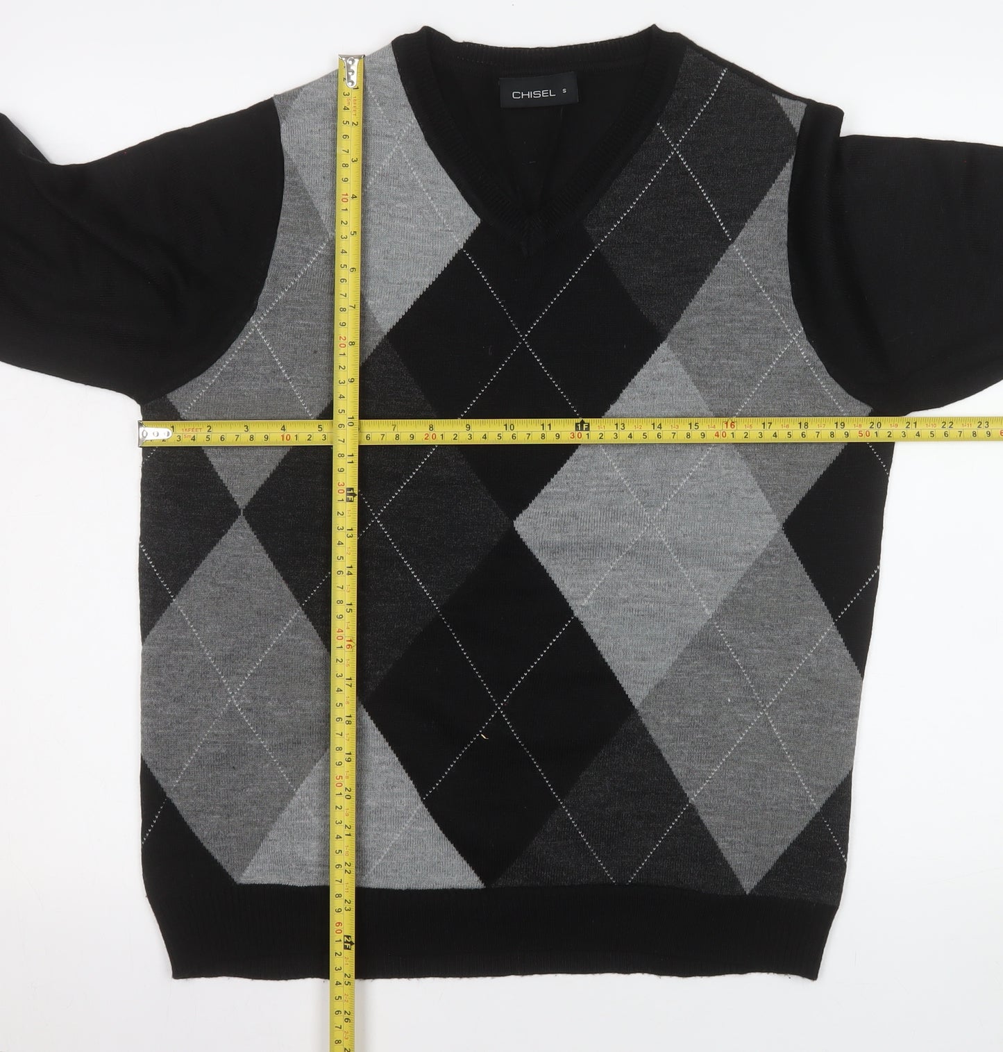 Chisel Men's Black Argyle V-Neck Acrylic Jumper Size S