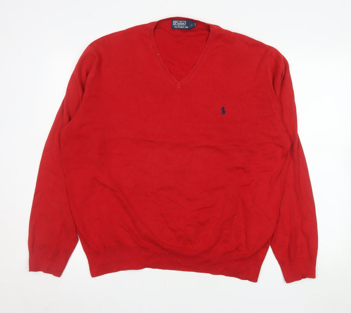 Ralph Lauren Men's Red V-Neck Cotton Jumper XL Classic Fit